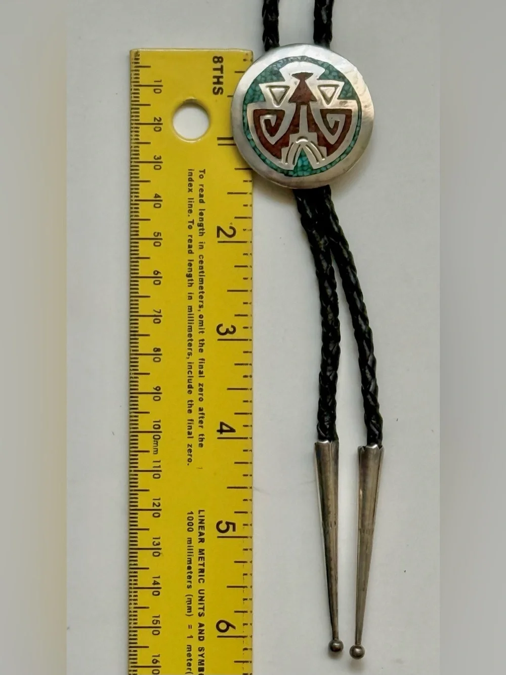 Vintage Navajo Sterling Silver Turquoise & Coral Chip Inlay Thunderbird Bolo Tie